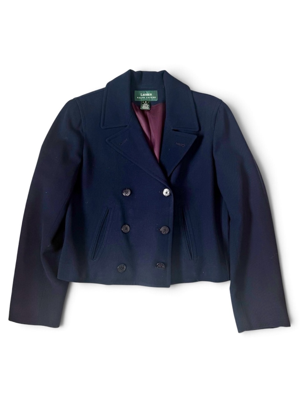 Lauren Ralph Lauren Navy Double-Breasted Short Blazer Crest Buttons Size 8 EUC